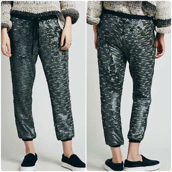 Free People Pants - Free People Scintillating Sequin Jogger Pants Leggings Gunmetal Gray Sz L